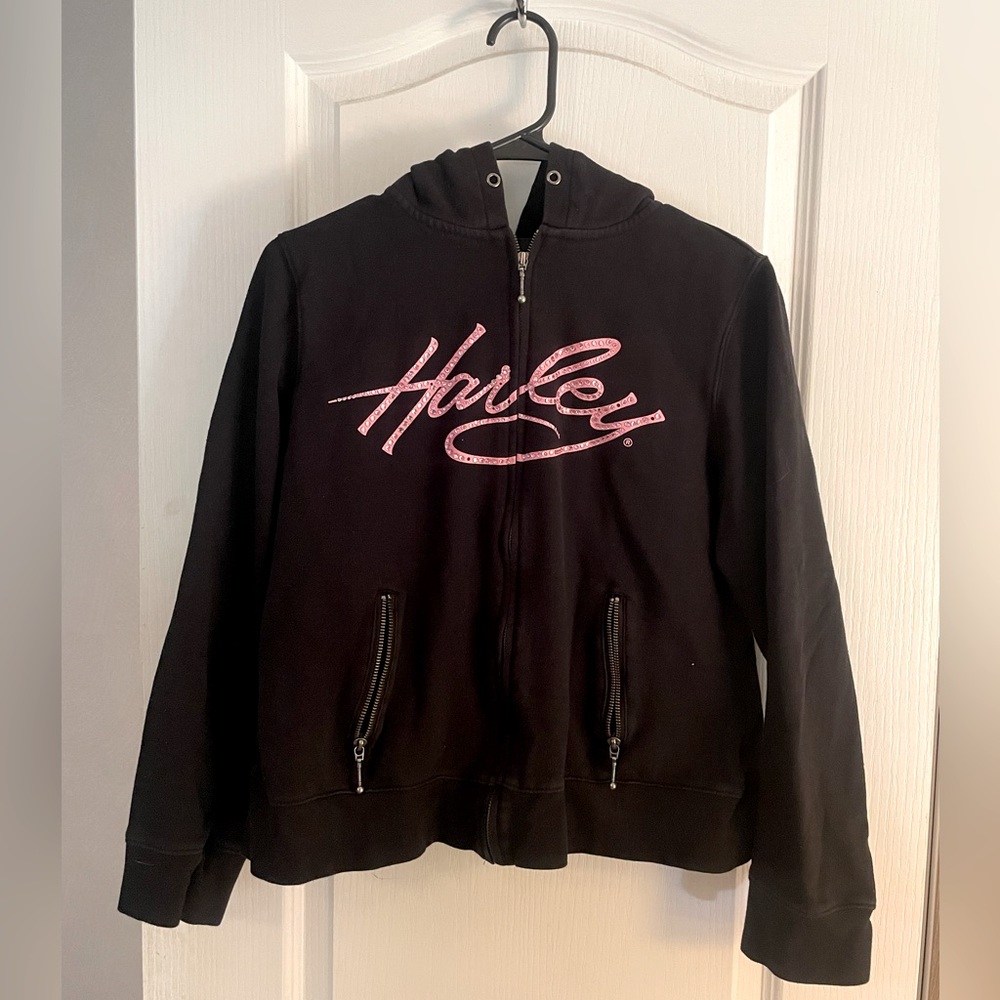 Ladies, Harley Davidson , zip up hoodie. Black/pink size large.